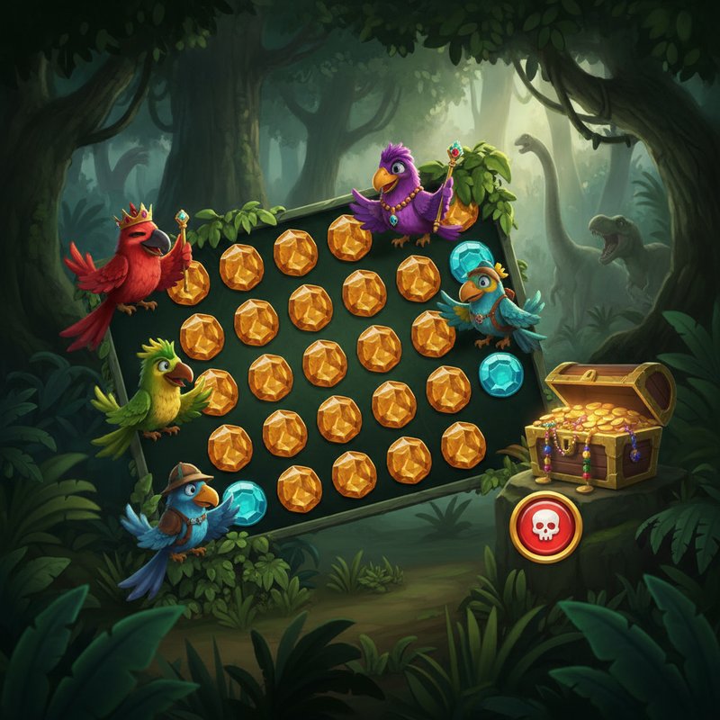 PIROTS 2 slot game tela principal mostrando 4 pássaros coletores coloridos (vermelho com coroa, roxo com cetro, verde-amarelo com manchas, azul com chapéu) em grade 6x6 com gemas âmbar brilhantes, baú de tesouro dourado, botão vermelho DON'T PRESS e fundo de selva jurássica com dinossauros