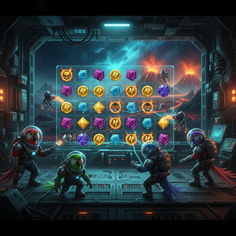 Pirots 4 CollectR slot game mostrando quatro papagaios piratas espaciais coloridos (vermelho, verde, azul e roxo) em trajes espaciais dentro de uma estação espacial metálica com grade de símbolos, gemas brilhantes, moedas douradas multiplicadoras, caveiras de bônus flamejantes e robôs Fire Minions contra paisagem alienígena vulcânica