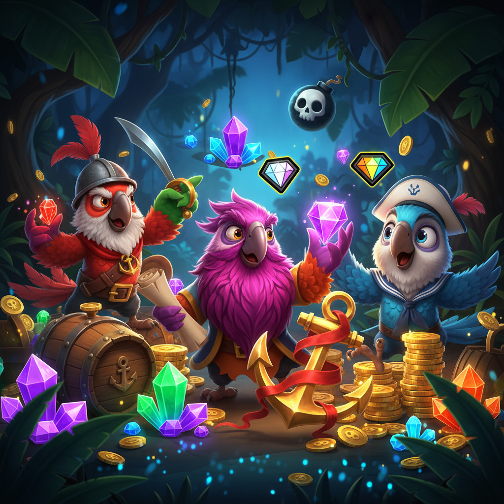 Pirots slot: quatro papagaios piratas coloridos - guerreiro vermelho com armadura, capitão verde com medalhão de âncora, sábio roxo com barba e marinheiro azul com chapéu - em aventura tropical com cristais brilhantes e tesouros dourados