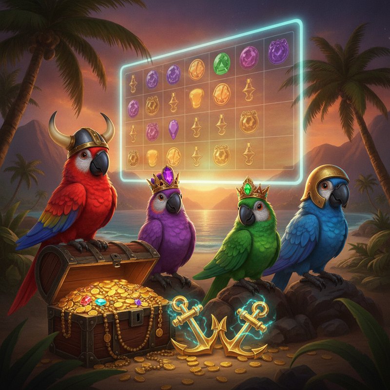 Pirots X slot da ELK Studios mostrando os quatro papagaios piratas principais: papagaio vermelho com capacete viking dourado com chifres, papagaio roxo com coroa e gema roxa, papagaio verde com coroa e gema verde, e papagaio azul com capacete dourado arredondado, em cenário de ilha tropical com baú de tesouro, âncoras douradas de bônus e grade de jogo 5x5 ao fundo