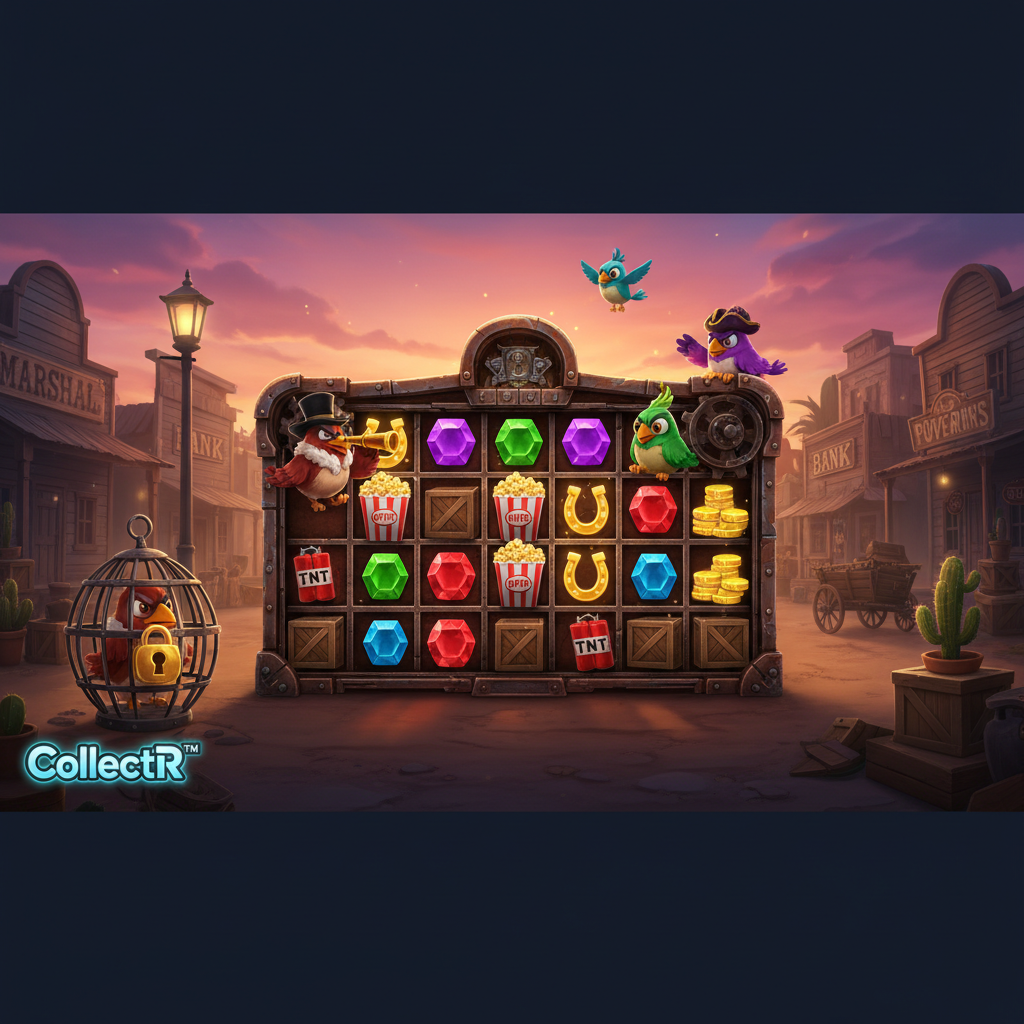 PIROTS 3 slot game mostrando pássaros bandidos coletores na cidade do velho oeste ao pôr do sol, com grade de jogo 7x6, gemas coloridas, símbolos TNT e recursos especiais de assalto ao trem